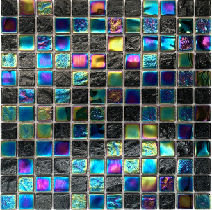 Azulejo de mosaico de cristal de cor preta e arco-íris iridescente para piscina 