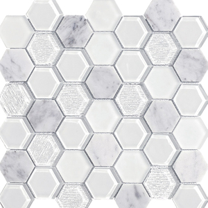 Mosaico hexagonal natureza branca mistura telhas mosaico de vidro popular para cozinha quente banheiro mosaico telhas e telhas de parede