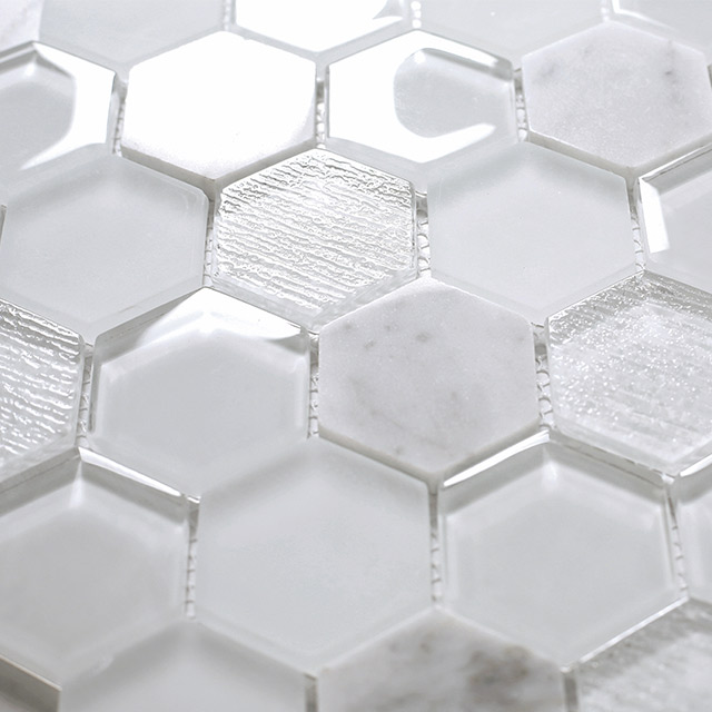 Mosaico hexagonal natureza branca mistura telhas mosaico de vidro popular para cozinha quente banheiro mosaico telhas e telhas de parede